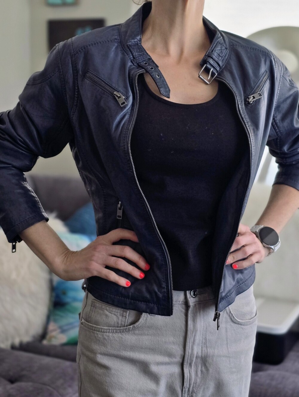 Mauritius US 10 L Blue Lambskin Leather Moto Biker Jacket Vegetable Tanned